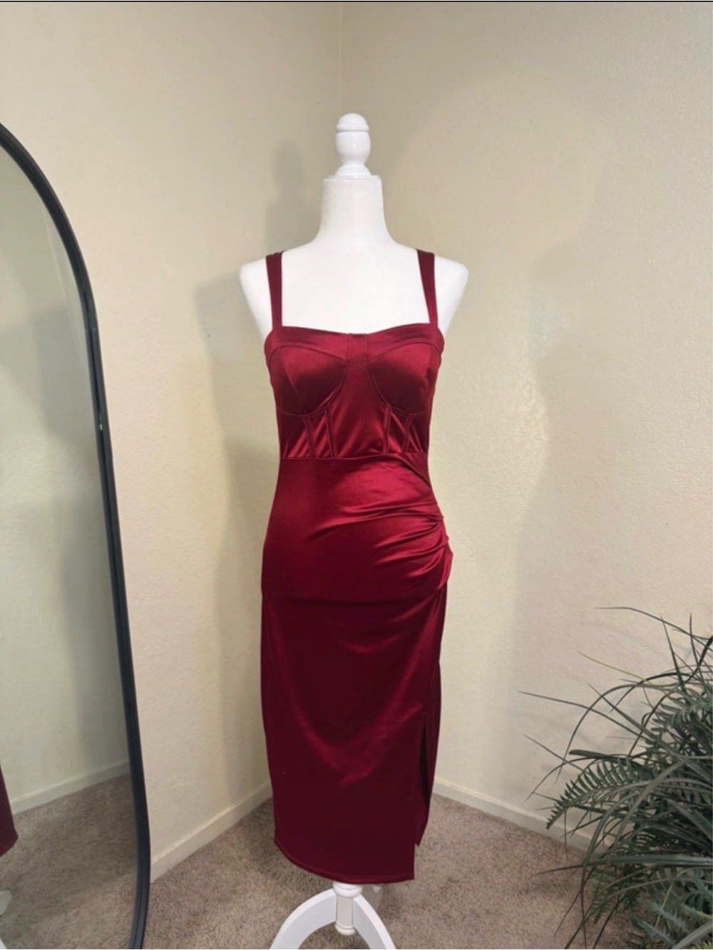 Women’s Satin Burgundy Midi Dress with Bustier Detail